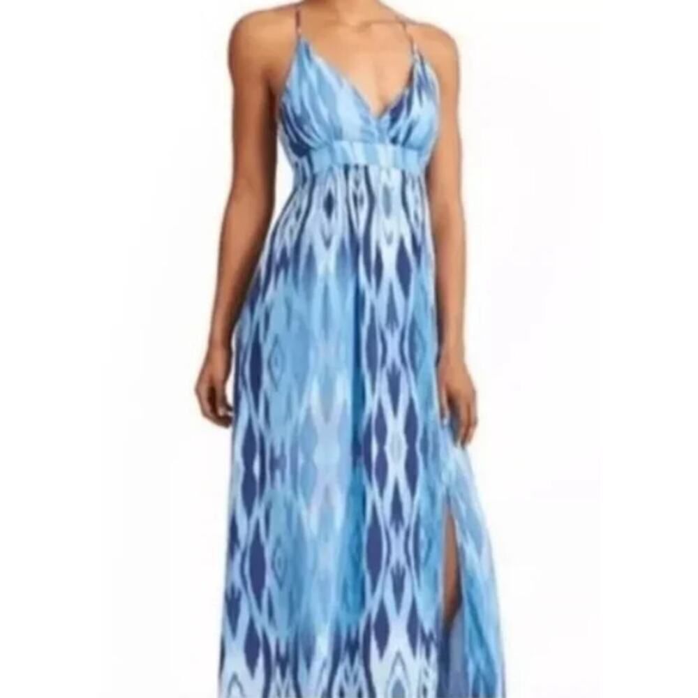 Athleta Midi Dress Women's Small Blue White Tie Dye Halter V-Neck Empire Waist